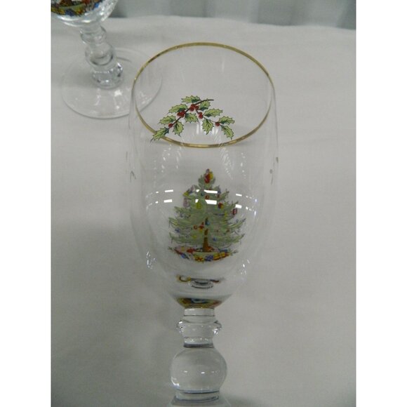 Spode Christmas Tree Goblet Set Of 3 Gold Rim 7" Footed Vintage Holiday Glasses - Picture 8 of 14